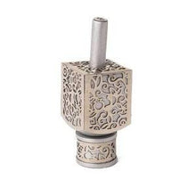 Load image into Gallery viewer, Yair Emanuel Decorative Dreidel on Base Silver Colored Anodized Aluminum with Metal Cutout Pomegranate Design Hanukkah Dreidel Spinning Top, Size Small
