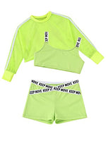 Freebily Kids Girls 3pcs Summer Sports Suit Net Blouse Tank Top with Boyshorts Hip Hop Dance Costume Fluorescent Green 16 Years