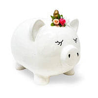 Isaac Jacobs Ceramic Pigicorn Money Bank, Cute Piggy Bank, Princess Unicorn Pig with Floral Wreath, Girls Room Decor, Kids Cartoon Animal Coin Bank, Fun Keepsake Gift for Children and Teens (White)