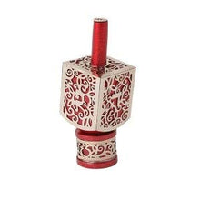 Load image into Gallery viewer, Yair Emanuel Decorative Dreidel on Base Red Anodized Aluminum with Silver Metal Cutout Pomegranate Design Hanukkah Dreidel Spinning Top, Size Small

