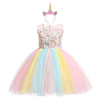 IZKIZF Girls Unicorn Costume Princess Tulle Dress w/Headband Birthday Pageant Party Carnival Cosplay Dress Up Outfits Rainbow 4-5T