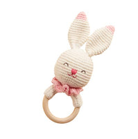 Chippi & Co Crochet Teether Wooden Rattle Ring, Long Ear Stuffed White Rabbit Plush Baby Newborn Boy Girl 0 3 6 Sensory Development Toy (Olive Bunny)
