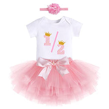 Load image into Gallery viewer, Baby Girls First Birthday Party Outfit Tutu Cake Smash Crown Ruffle Tulle Skirt Set Wild One W/Headband Princess Dress Costume for Photo Shoot Gold Pink-1/2 Birthday 6M
