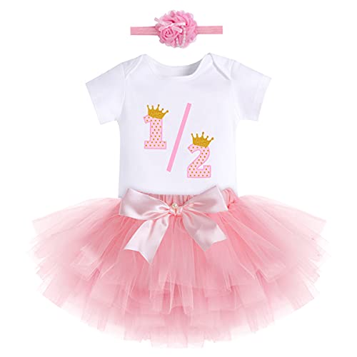 Baby Girls First Birthday Party Outfit Tutu Cake Smash Crown Ruffle Tulle Skirt Set Wild One W/Headband Princess Dress Costume for Photo Shoot Gold Pink-1/2 Birthday 6M