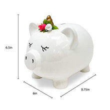 Load image into Gallery viewer, Isaac Jacobs Ceramic Pigicorn Money Bank, Cute Piggy Bank, Princess Unicorn Pig with Floral Wreath, Girls Room Decor, Kids Cartoon Animal Coin Bank, Fun Keepsake Gift for Children and Teens (White)
