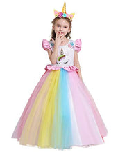 Load image into Gallery viewer, HIHCBF Girls Unicorn Costume Princess Rainbow Party Dress Wedding Birthday Pageant Christmas Long Maxi Tulle Gown w/Headband 4-5T

