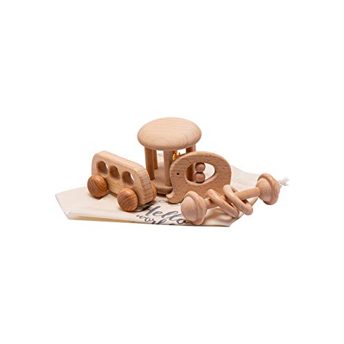 Wooden Baby Toys Montessori Toys Set Wooden Rattles Grasping Toys Wood Ring 4pcs, Bus Toy Set