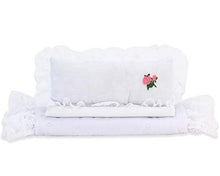 Load image into Gallery viewer, Sophia&#39;s White Eyelet Doll Bedding 3pc. Set, Sized to Fit American Girl Doll Beds &amp; More! - Includes Pillow, Doll Comforter &amp; 3rd Bedding Piece
