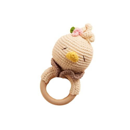 Chippi & Co Crochet Teether Wooden Rattle Ring, Yellow Chicken Stuffed Animal Plush Baby Newborn Boy Girl 0 3 6 Sensory Development Toy