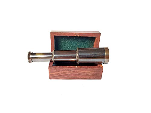 Vimal Nautical 6 Inch Telescope with Wooden Box - Antique Brass Spyglass Handcrafted Gift Item (Brass-Black Antique)