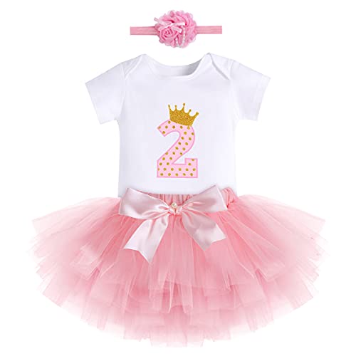Baby Girls First Birthday Party Outfit Tutu Cake Smash Crown Ruffle Tulle Skirt Set Wild One W/Headband Princess Dress Costume for Photo Shoot Gold Pink-2nd Birthday 2Y