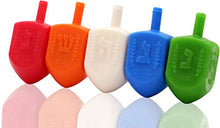 Load image into Gallery viewer, Hanukkah Dreidels 10 Bulk Pack Multi-Color Plastic Chanuka Draydels With English Transliteration - Includes Dreidel Game Instruction Cards (10-Pack)
