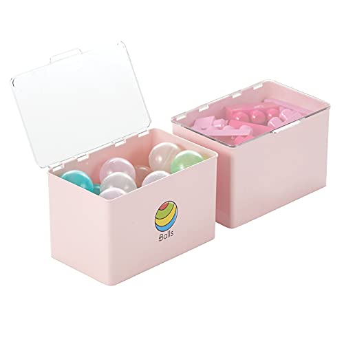 mDesign Plastic Stackable Storage Organizer Toy Box with Lid for Action Figures, Crayons, Markers, Building Blocks, Puzzles, Craft or School Supplies - Pack of 2, 32 Labels Included - Light Pink/Clear