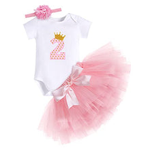 Load image into Gallery viewer, Baby Girls First Birthday Party Outfit Tutu Cake Smash Crown Ruffle Tulle Skirt Set Wild One W/Headband Princess Dress Costume for Photo Shoot Gold Pink-2nd Birthday 2Y

