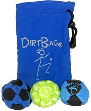 Load image into Gallery viewer, DirtBag Medley Footbag 3-Pack with Pouch, 100% Handmade, Premium Quality, Bright Vivid Colors, Signature Carry Bag - Blue/Black
