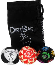 Load image into Gallery viewer, Dirtbag All Star Footbag Hacky Sack 3 Pack with Pouch, 100% Handmade, Premium Quality, Bright Vivid Colors, Signature Carry Bag - Black/White
