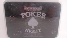 Load image into Gallery viewer, The Original Fun Workshop Classic Games Poker Night Nostalgic Games in Vintage Tin Box. 100 Poker Chips, 1 Dealer Button, 2 Decks of Cards, 5 Casino Dice.
