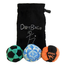 Load image into Gallery viewer, DirtBag Medley Footbag 3-Pack with Pouch, 100% Handmade, Premium Quality, Bright Vivid Colors, Signature Carry Bag - Green/Black
