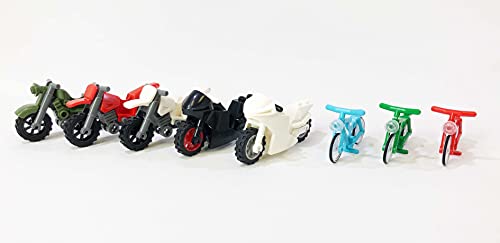 Brick Loot Motorcycle and Bicycle Big Bundle - 5 Motorbikes and 3 Bikes for Street and Dirt! - Compatible with Other Major Brick Brands - Fits Lego Minifigures
