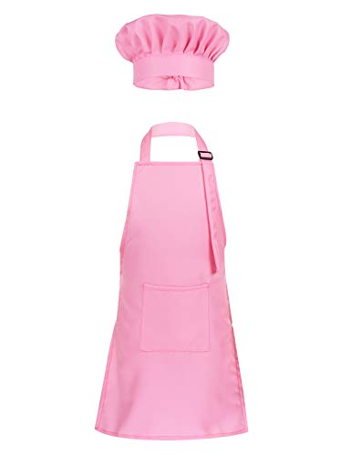 Mufeng Kids Children Kitchen Chef Costume Cooking Apron and Hat Set Cooking Baking Set Halloween Cosplay Costumes Pink 8-12