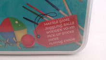 Load image into Gallery viewer, The Original Fun Workshop Classic Games Compendium Set. Nostalgic Games in Vintage Tin Box. Marble Game, Juggling Balls, Yoi-Yo, Pick Up Sticks, Jacks, Playing Cards.
