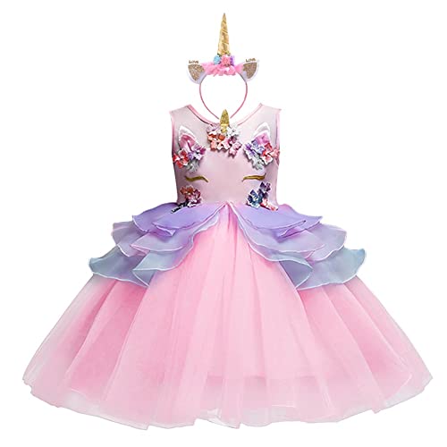 NEWEPIE Girls Unicorn Outfits Princess Birthday Dress Kids Party Halloween Costume Pageant Christmas Tulle Dress w/Headband Pink 8-9T