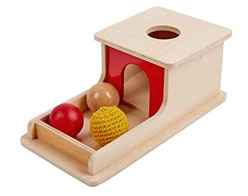 Adena Montessori Full Size Object Permanence Box with Tray Three Balls (Wood , Plastic ,Knitted), Montessori Toys for Babies Infant 6-12 Month 1 Year Old Toddlers