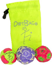 Load image into Gallery viewer, Dirtbag All Star Footbag Hacky Sack 3 Pack with Pouch, 100% Handmade, Premium Quality, Bright Vivid Colors, Signature Carry Bag - Fluor Green/Magenta/Purple
