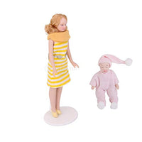 ZKS-KS Miniature Porcelain Woman Lady in Yellow Sweater Dress & Sleeping Baby in Pink Sweater Dolls House People