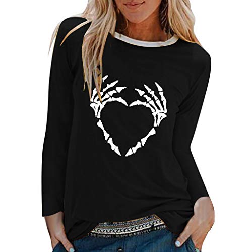 TOPUNDER Womens Halloween Print Shirts O-Neck Long Sleeve Top Loose T-Shirt Blouse Black