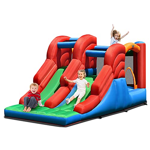 BOUNTECH Inflatable Bounce House, Indoor Outdoor Kids Jumping Bouncer with Slide, Climbing Wall & Jumping Area, Bouncy House for Kids Including Carry Bag, Stakes, Repair (Without Blower)