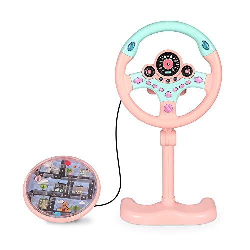 COLOR TREE Kids Steering Wheel Toys w/ Stand - Toddlers Pretend Play Simulated Driving with Lights and Sounds - Preschool Interactive Toy - Pink