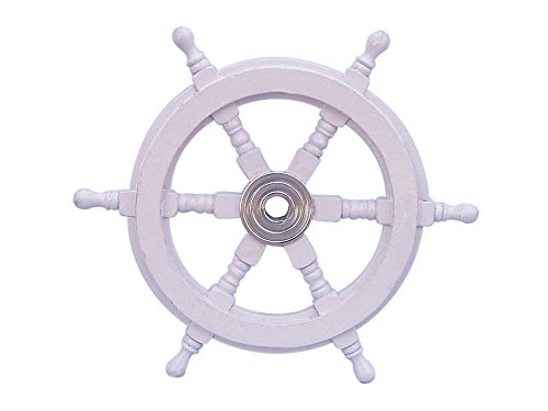 Hampton Nautical  Deluxe Class White Wood and Chrome ative Ship Steering Wheel, 12