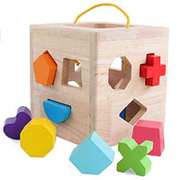 Wooden Shape Sorter Cube Toy with 12 Colorful Wood Geometric Shape Blocks and Carrying Strap Sorting Box Classic Developmental Learning Matching Gifts Classic Toys for Toddlers Baby Kids Age 3+