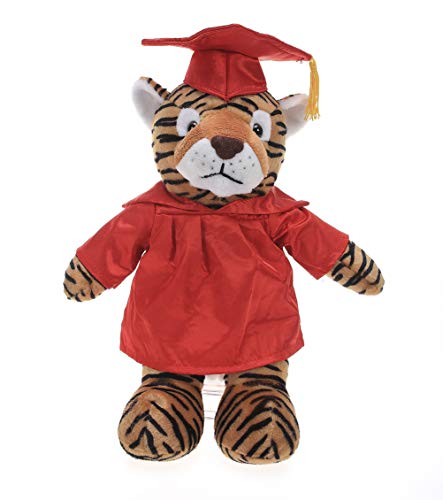 Plushland Tiger Plush Stuffed Animal Toys Present Gifts for Graduation Day, Personalized Text, Name or Your School Logo on Gown, Best for Any Grad School Kids 12 Inches(Red Cap and Gown)