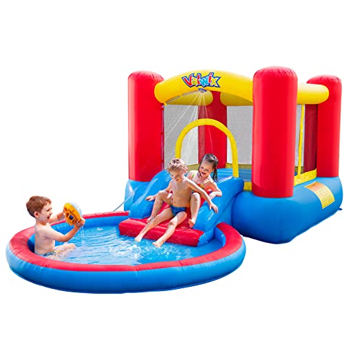 Valwix Inflatable Bounce House with Blower for Kids 3-5 y/o, Bouncy Castle w/ Waterslide & Pool for Wet Dry Combo, Bouncer w/ Repair Kits, Fun Bounce Area with Basketball Hoop