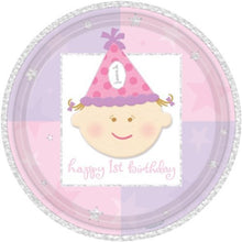 Load image into Gallery viewer, &quot;First Birthday Girls Party Plates, Prismatic, 22.8cm, pack of 8&quot;

