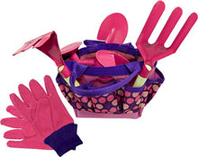 Load image into Gallery viewer, Kids Garden Set &amp; Bucket Hat Combo: Real Metal Tools &amp; Wooden Handles; Shovel, Rake &amp; Pitch Fork, Pitcher, Gloves &amp; Carrying Bag. Sure-Fit Adjustable Hat with Chin Strap &amp; Ventilation Panels. Pink S/M
