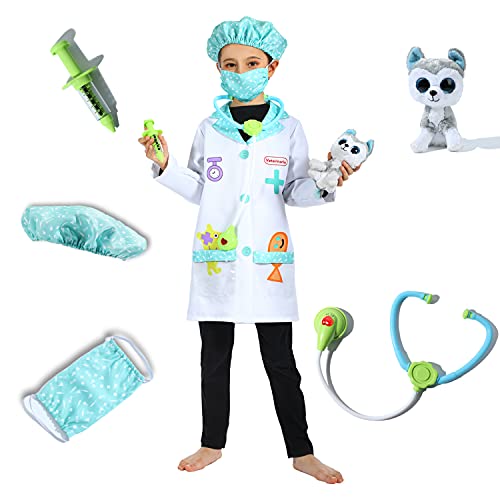 Sincere Party Veterinarian Role Play Costume,Kids Vet Doctor Lab Coat Set,Plush Animal Patient Included 3-5Years