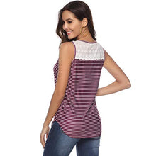 Load image into Gallery viewer, WYTong Women Summer Sleeveless T Shirt Casual Stripe Print Tank Top Lace Splicing Crew Neck Vest Shirt Blouse(Wine Red,M)
