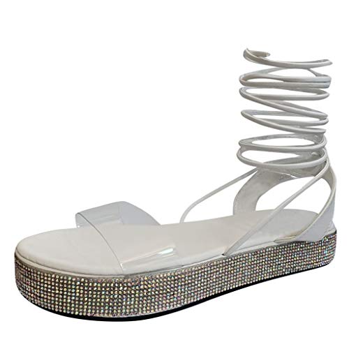 HIRIRI Women's Gladiator Ankle Strap Lace up Platform Shoes Open Toe Rhinestones Heeled Strappy Sandals White