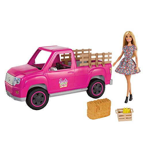 ?Barbie Sweet Orchard Farm Truck & Doll Set, Blonde Barbie Doll & Pink Truck with Working Tailgate, Hay Bale, Crate & Corn, Gift for 3 to 7 Year Olds