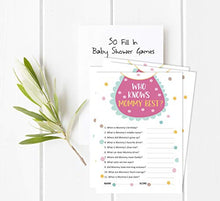 Load image into Gallery viewer, Inkdotpot Baby Bib Who Knows Mommy BestBaby Shower GameCards-FunActivity Cards Set of 50Gender Neutral Party Theme
