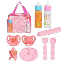 Load image into Gallery viewer, fash n kolor Baby Doll Feeding Set with Doll Magic Bottles in a Baby Bag Set- 8 Piece Baby Doll Feeding Set with Baby Doll Accessories, Pretend Play Set for Kids
