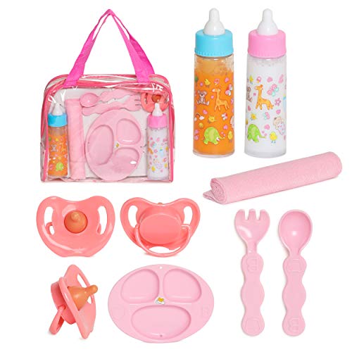fash n kolor Baby Doll Feeding Set with Doll Magic Bottles in a Baby Bag Set- 8 Piece Baby Doll Feeding Set with Baby Doll Accessories, Pretend Play Set for Kids