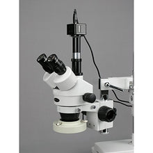 Load image into Gallery viewer, AmScope SM-4TZ-80AM-5M Digital Professional Trinocular Stereo Zoom Microscope, WH10x Eyepieces, 3.5X-90X Magnification, 0.7X-4.5X Zoom Objective, Eight-Zone LED Ring Light, Double-Arm Boom Stand, 110V
