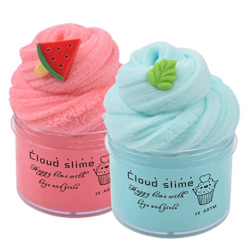 2 Pack Cloud Slime Kit with Red Watermelon and Mint Charms, Scented DIY Slime Supplies for Girls and Boys, Stress Relief Toy for Kids Education, Party Favor, Gift and Birthday