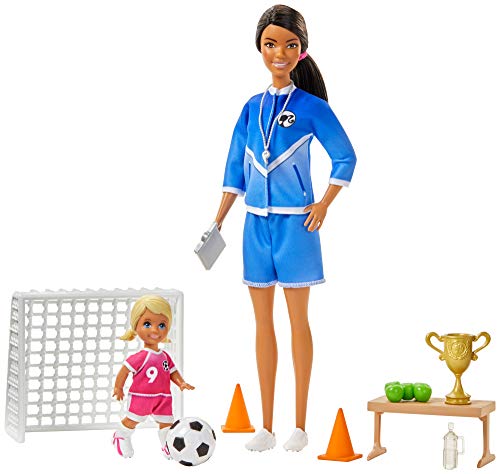 ?Barbie Soccer Coach Playset with Brunette Soccer Coach Doll, Student Doll and Accessories: Soccer Ball, Clipboard, Goal Net, Cones, Bench and More for Ages 3 and Up, Multi
