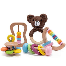 Load image into Gallery viewer, Bopoobo Baby Wooden Rattle-5PCS Natural Crochet Bear Organic Montessori Wood Toys Montessori Toys for Babies Wooden Baby Toys Wooden Infant Teething Ring Baby Rattle for 0-6 Months and 6-12 Months
