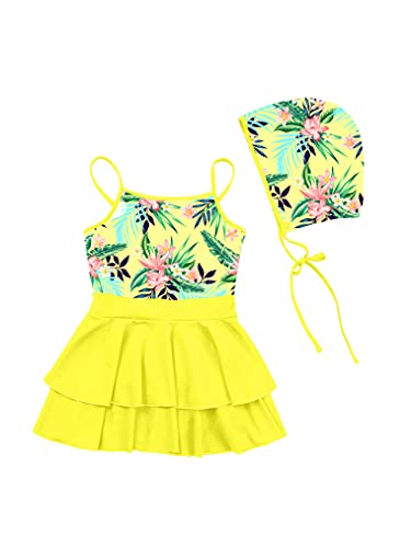 Freebily Little Girls Summer Swimming Costume Sleeveless Layered Dress with Hat Swimsuit Bathing Suit Lemon Yellow 4 Years